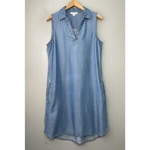 Beach Lunch Lounge Dress Size Medium Blue Chambray Denim Casual Chic Sleeveless
